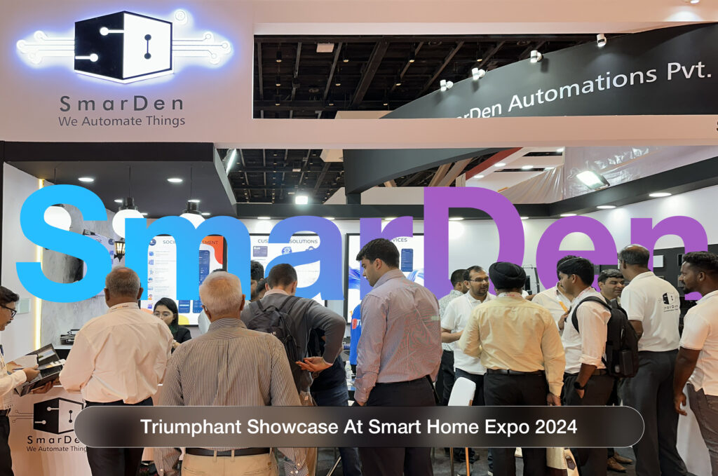 SmarDen, the best home automation company in India, presenting innovative smart home and IoT solutions at Smart Home Expo 2024 with an engaging crowd at its booth.