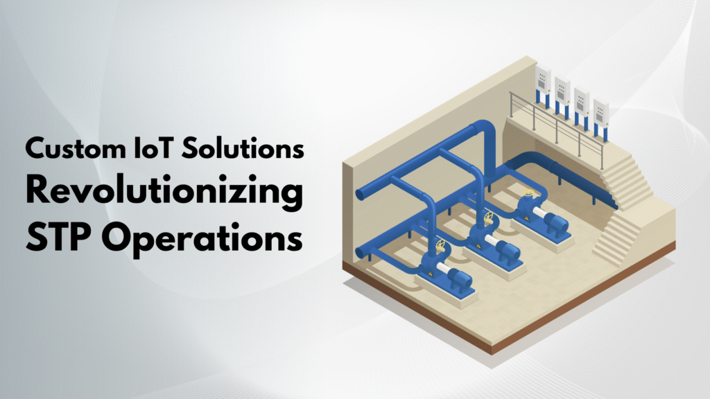Illustration of sewage treatment plant automation using custom IoT solutions with blue pipelines and pumps for STP operations.