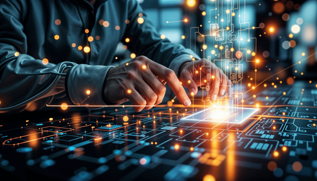 Hands interacting with a futuristic digital interface, representing custom IoT solutions and advanced technology integration.