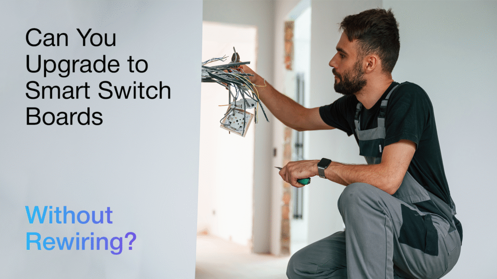 Electrician working on wiring upgrade, showing how SmarDen smart switch boards can be installed without rewiring for easy home automation.