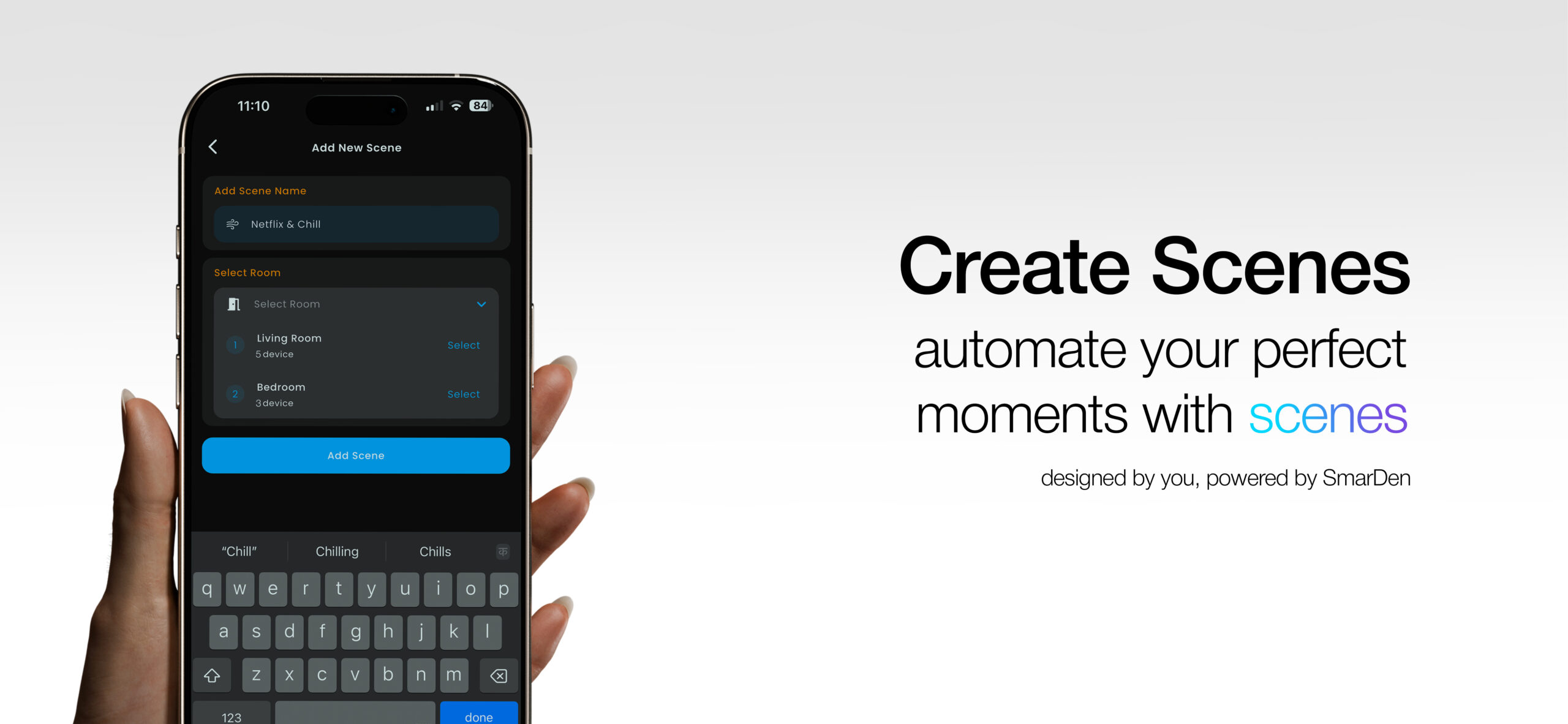 SmarDen App scene creation feature showing how users can automate rooms and moments with custom smart home scenes