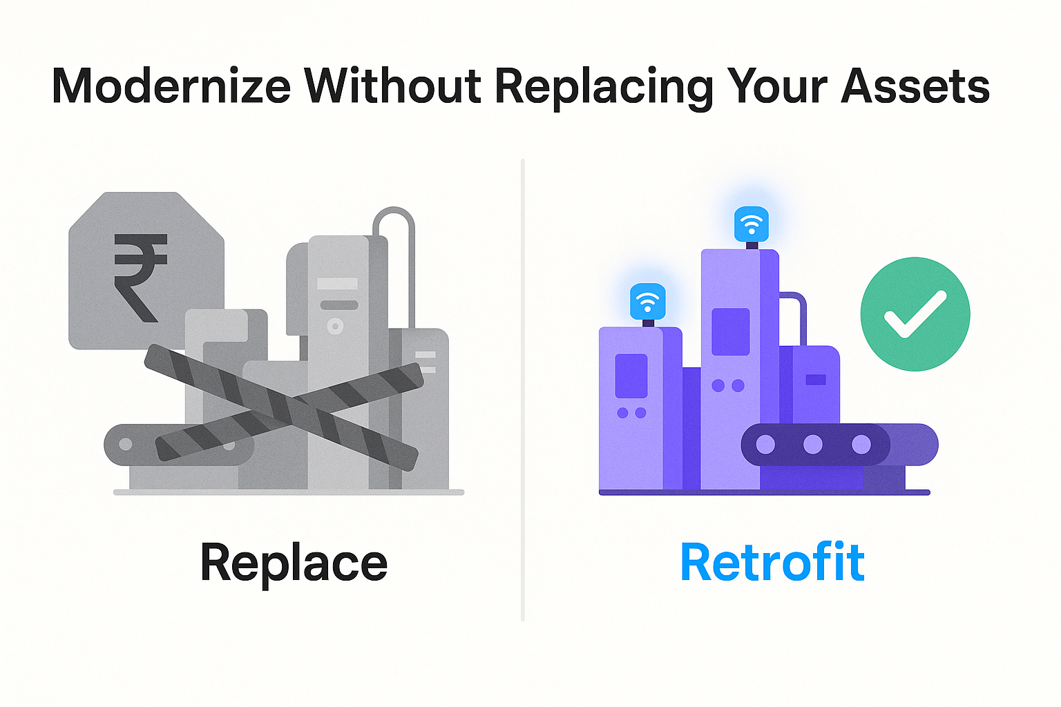 Illustration comparing replacing versus retrofitting industrial equipment in India. Shows outdated machines with high costs on the left and upgraded IoT-enabled machines on the right, highlighting retrofit solutions for industries in India.