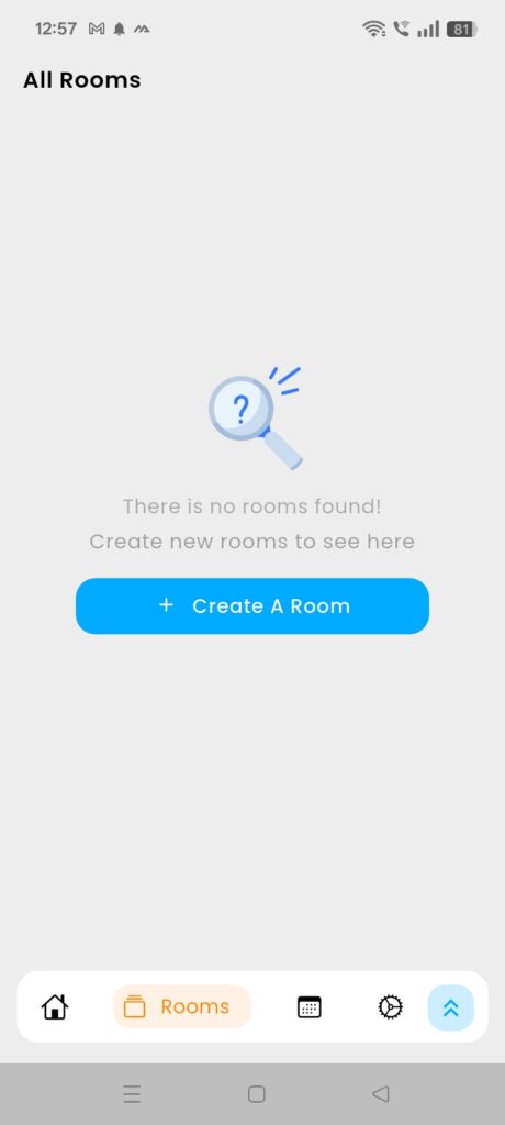SmarDen App screen showing the “All Rooms” section with an option to create a new room for organizing Smart Touch Switches and smart devices.
