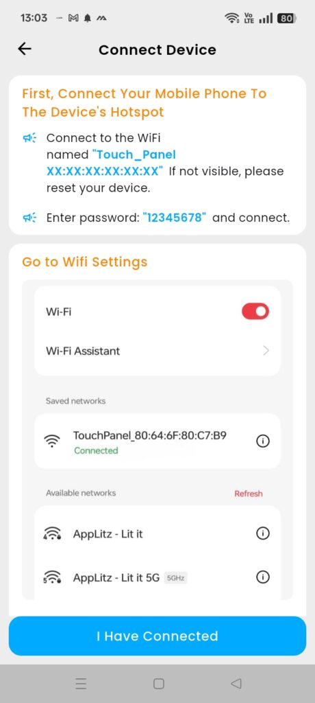 SmarDen App “Connect Device” screen showing Wi-Fi hotspot connection setup for pairing Smart Touch Switches with the Touch_Panel network before linking to home Wi-Fi.