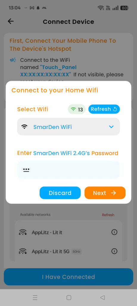 SmarDen App screen showing how to connect a Modular Touch Switch to a 2.4 GHz home Wi-Fi network by selecting the network and entering the password before completing setup.