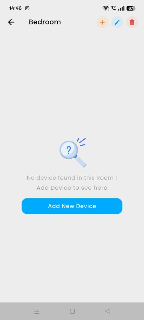 SmarDen App screen showing the option to add a new device in the Bedroom room setup for pairing Modular Touch Switches or smart switch boards.