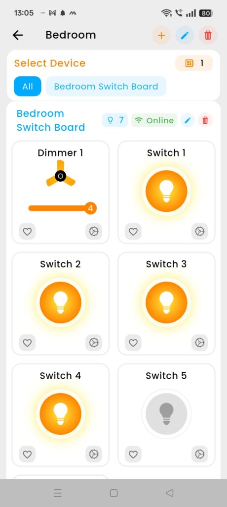 SmarDen App Bedroom control screen showing connected Modular Touch Switch Board with dimmer and individual smart touch switches for lights and fans.