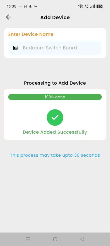 SmarDen App screen confirming successful setup of a Modular Touch Switch or smart switch board, showing “Device Added Successfully” after pairing completion.