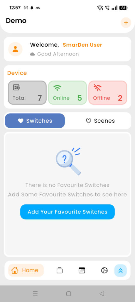 SmarDen App home screen showing connected Modular Touch Switches, online and offline smart devices, and options to manage switches and scenes.