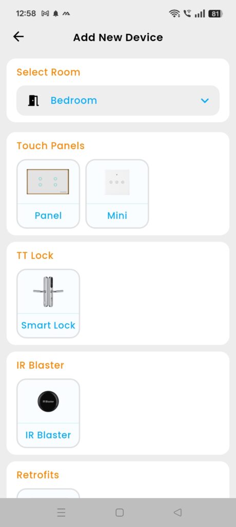 SmarDen App “Add New Device” screen showing options to select room and choose between Touch Panels, Smart Lock, IR Blaster, or Retrofit devices for home automation setup.