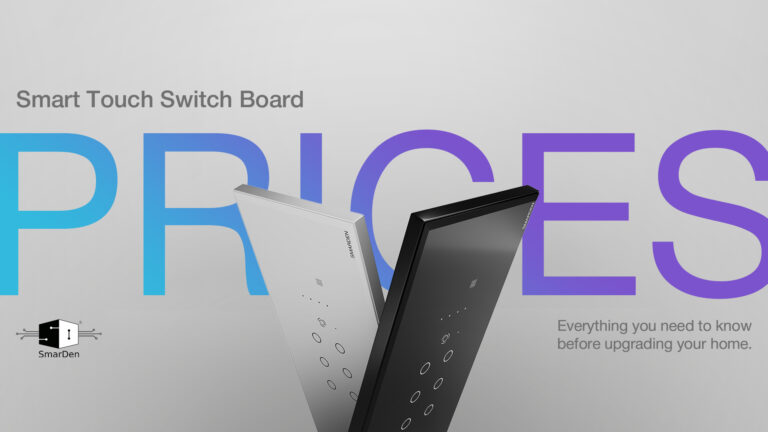 Smart touch switch boards in black and white displayed with pricing visuals for a blog about touch switch board price in India.