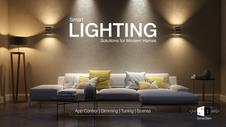A modern living room with warm ambient lights and a sofa setup, showcasing SmarDen’s smart lighting solutions.