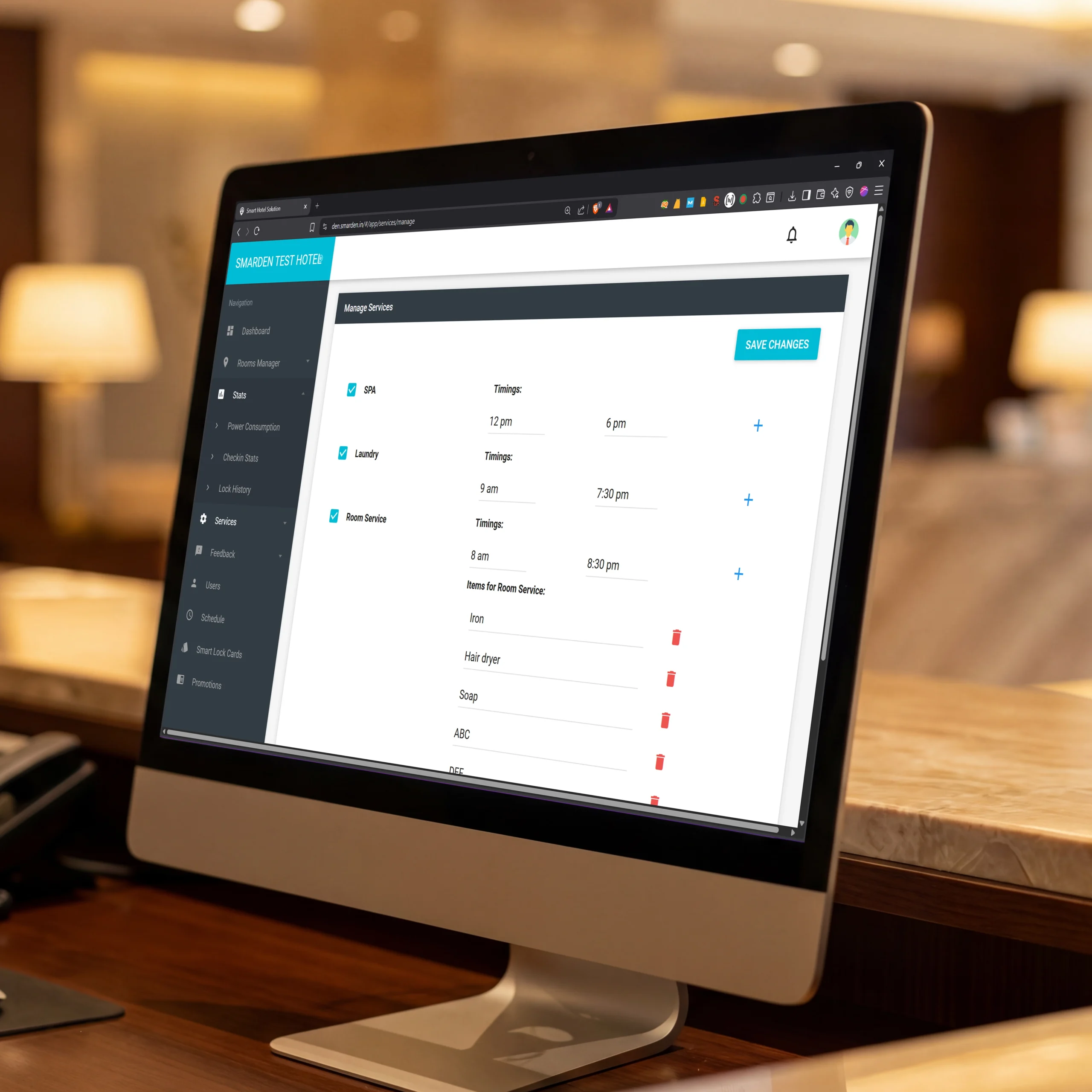 SmarDen's Hotel Automation System dashboard managing rooms and services across hotel property
