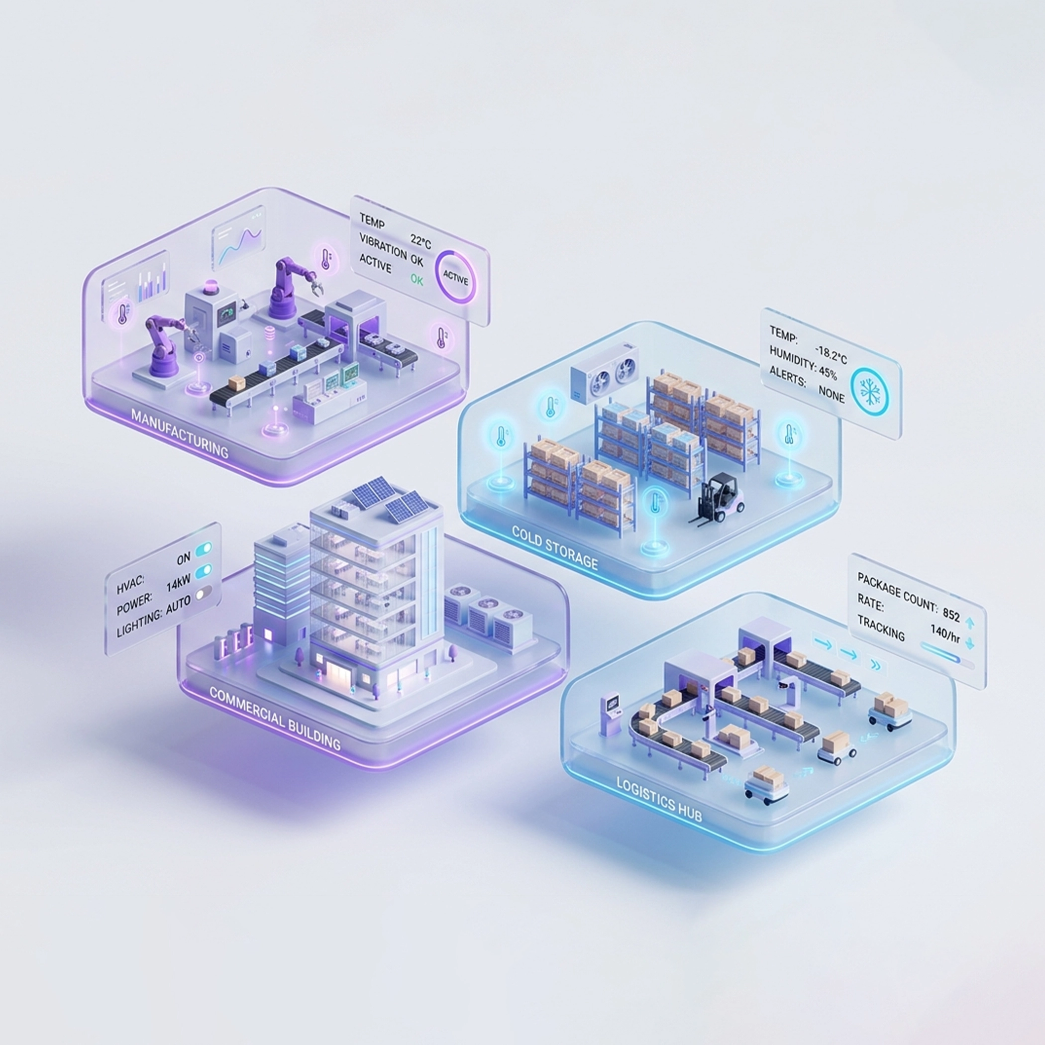 Modular industrial IoT deployments powered by SmarDen Prime showing manufacturing automation, cold storage monitoring, commercial building HVAC systems, and logistics warehouse operations